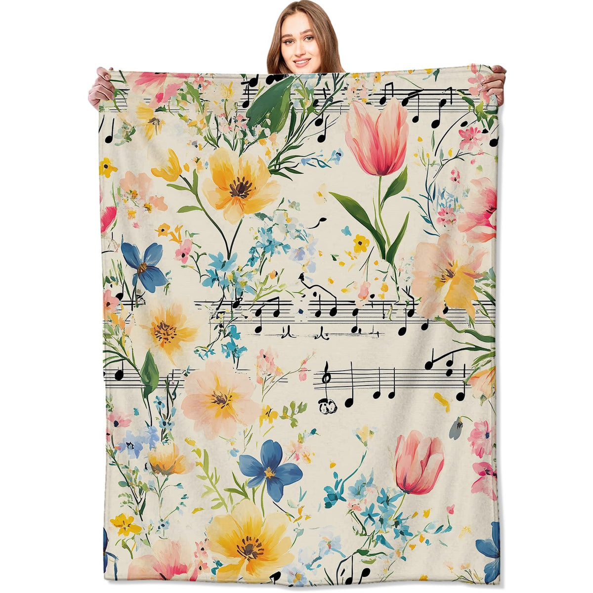 Music Note Blanket Floral Throw Blankets with Pastel Flower (60x80in / Musical Note)