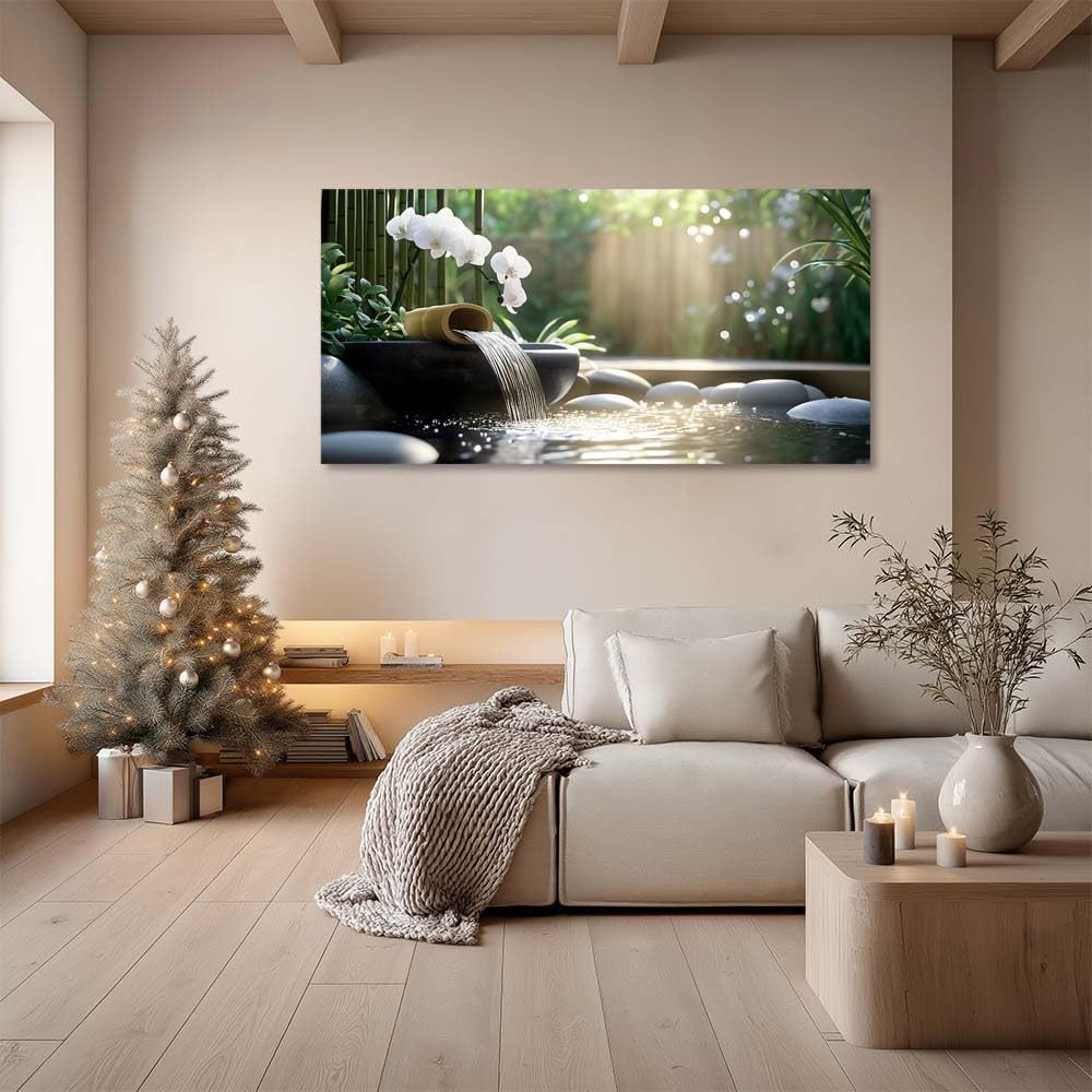 Zen Garden Canvas Wall Art Bamboo Water Fountain White Orchid Painting Flat Print Gallery Wrapped Relaxing Artwork for Living Room Bedroom Bathroom Decor (Mysterious / Black Orchid Waterfall 31 / 46"L x 23"W)
