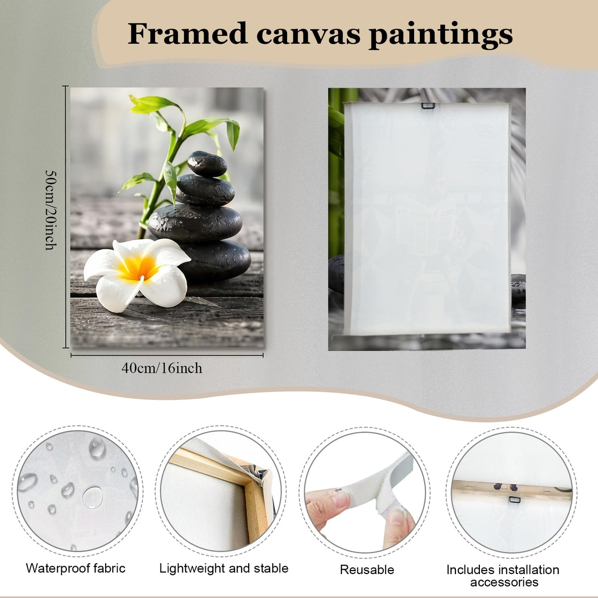 3 Piece Wall Art 16 x 20 Inches Framed Canvas Set Zen Spa Stone Bamboo Wall Decor for Living Room Bedroom Bathroom Office Hallway Modern Farmhouse Wall Art Pictures Ready to Hang with Velcro and Pre Installed Hooks (Bamboo 81)