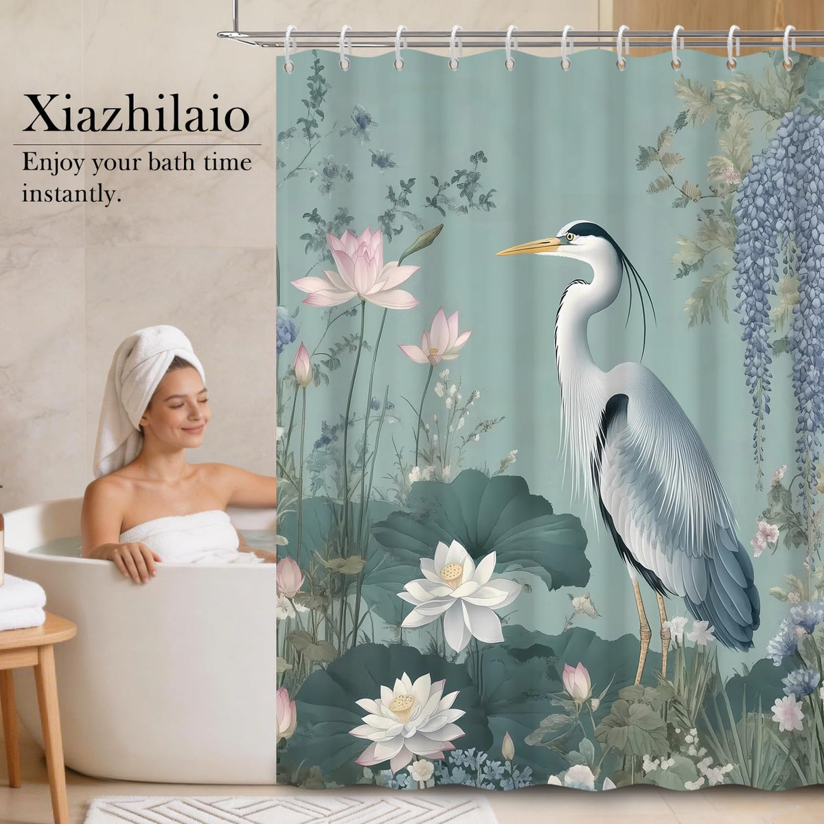 Heron Bird I Wisteria and Lotus Floral Shower Curtain with Hooks (Crane and Lotus / 72"W x 78"L (Pack of 1))