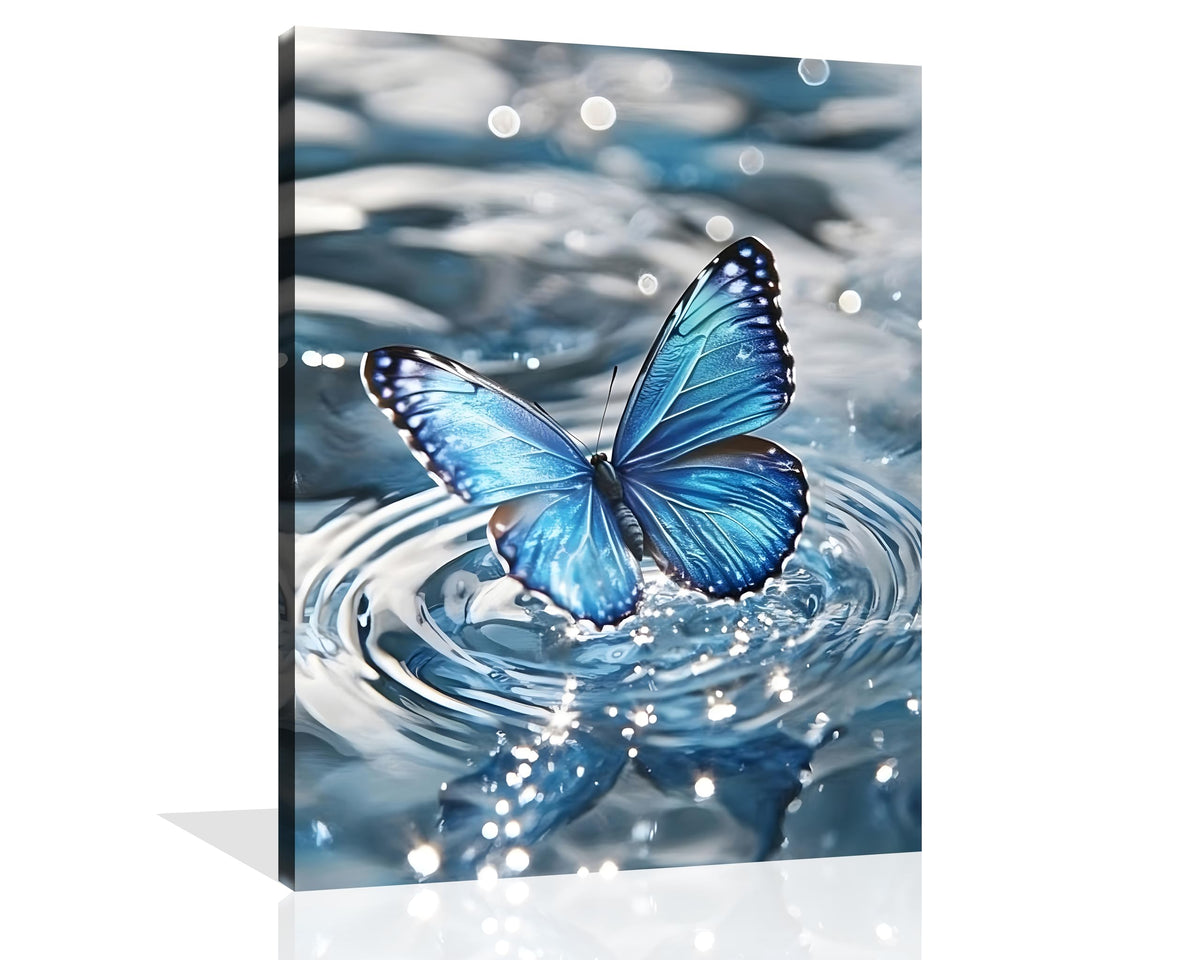 Blue Butterfly Canvas Wall Art Butterfly Picture Framed Blue Butterflies Playing in the Water Poster Vintage Butterflies Painting for Bathroom Living Room Yoga Room Wall Framed 24X30 inch (30"L x 24"W / Blue Butterfly Poster Framed)