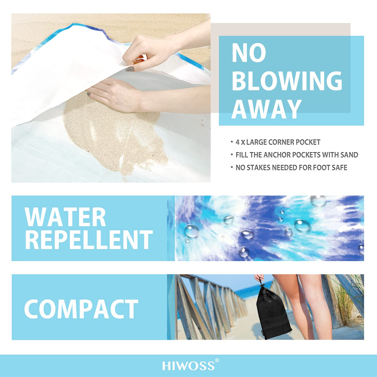 Beach Blanket Waterproof Sandproof Oversized 95”x 80” (Blue)