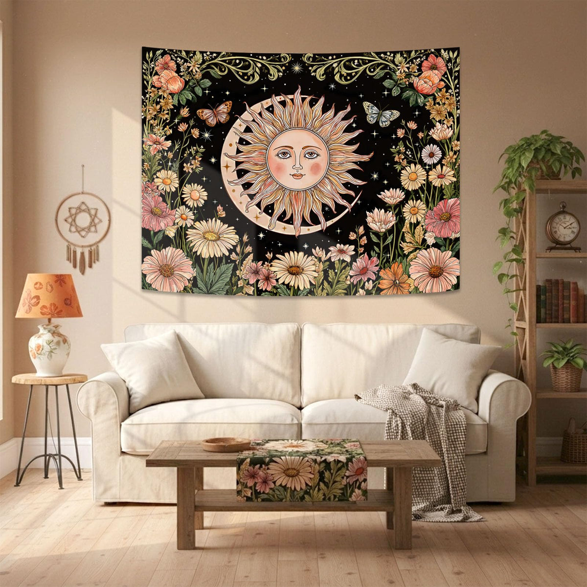 Boho Sun and Moon Vintage Daisy Floral Tapestry 80 x 60 Inch (Black Sun Daisy / 80"L x 60"W)