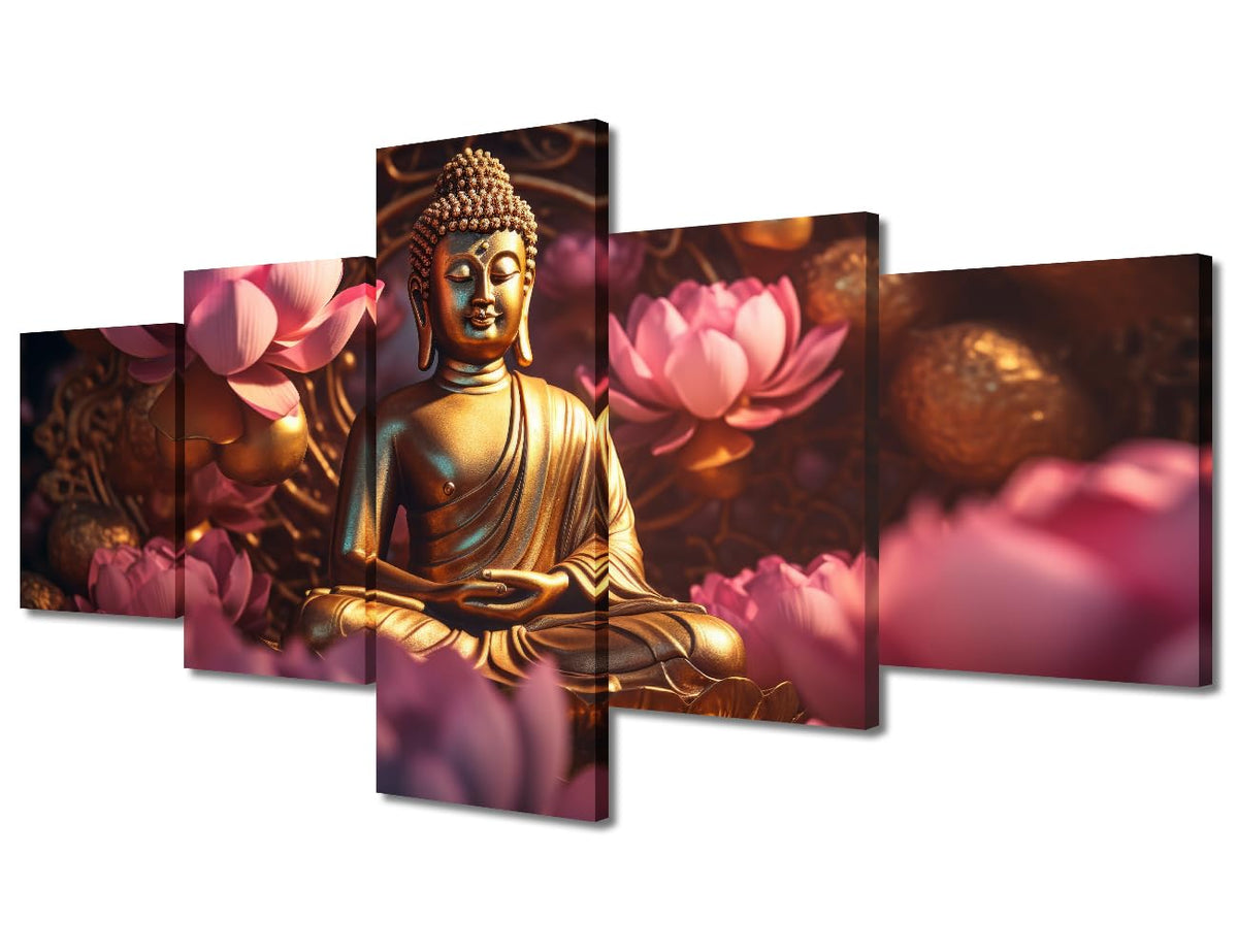 Canvas Wall Art for Living Room Decor 5 Panel Buddha Poster Prints Modern Golden Buddha Flowers Picture Printing for Zen Believers Bedroom Home Wall Decor Stretched and Framed Ready to Hang 50x24 in (50x24 in / 5PANEL-19)
