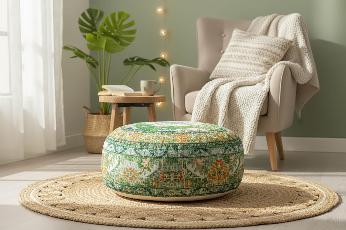 Indian Yoga Décor Pouf Cover Green Round Green Floor Pillow Case Room Décor Moroccan Decorative Cushion Cotton 24x8 Unstuffed (24x8 Cover Only / Green)