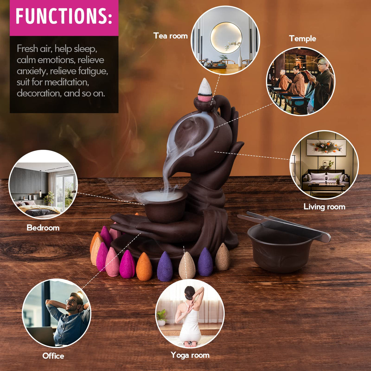 Waterfall Incense Burner Buddha Hand Backflow Incense Waterfall Burner Smoke Incense Holder Waterfall with 100 Incense Cones 10 Kind of Scents (Red)