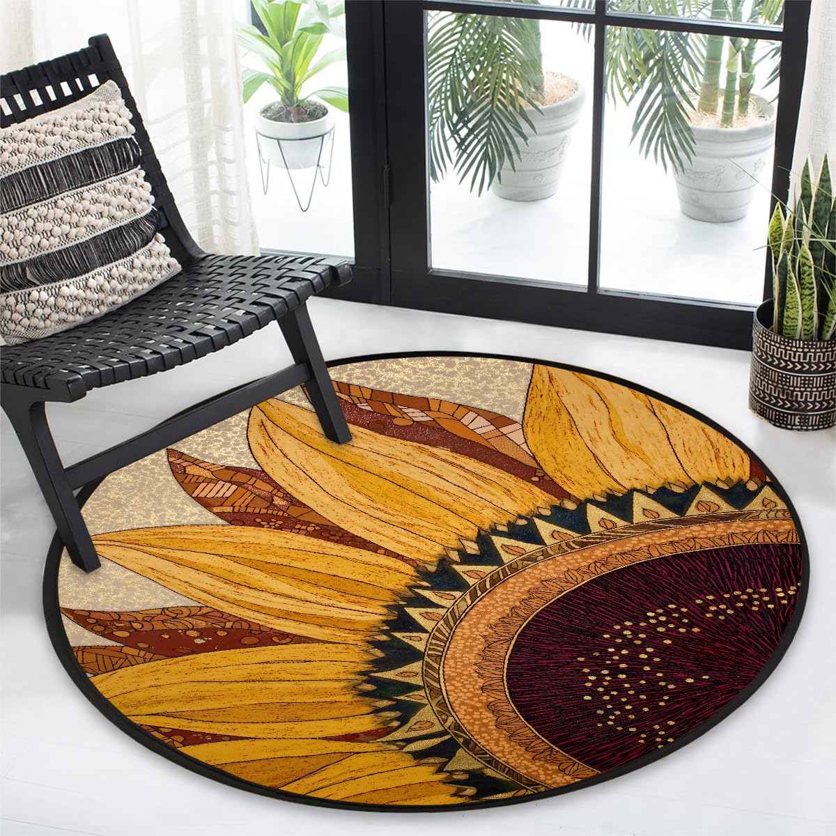 3 Ft Sunflower Round Rug Circle Area Rugs Circular Door Mat for Indoor (Color45 / 3' (Round))