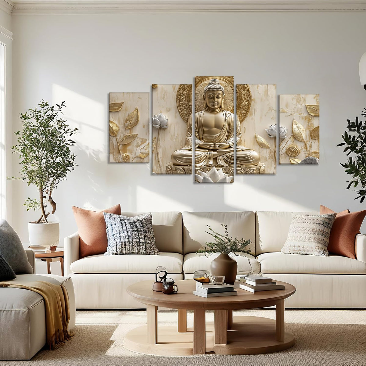 Buddha Canvas Wall Art 5 Piece Zen Wall Decor Buddhism Meditation Picture Flower Leaf Prints for Spiritual Room Living Room Home Decor Framed (60x32 inch / Picture-2)