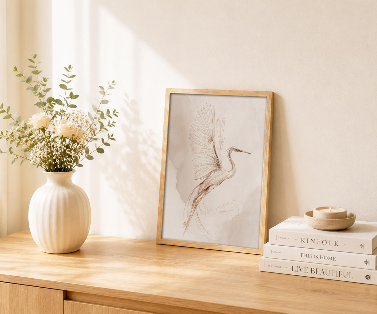 Framed Modern Minimalist Japandi Heron Line Art Canvas Wall Art (Beige, Cream, Warm White, Terracotta Brown / 12"L x 16"W)
