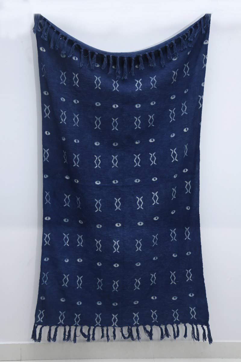 100% Cotton Throw Blanket Indigo Throw Blanket Handloomed Cotton Throw Mudcloth Designer with Tassels Handmade Premium Quality Home Decor (Indigo / Zen (120 x 170 Cms))