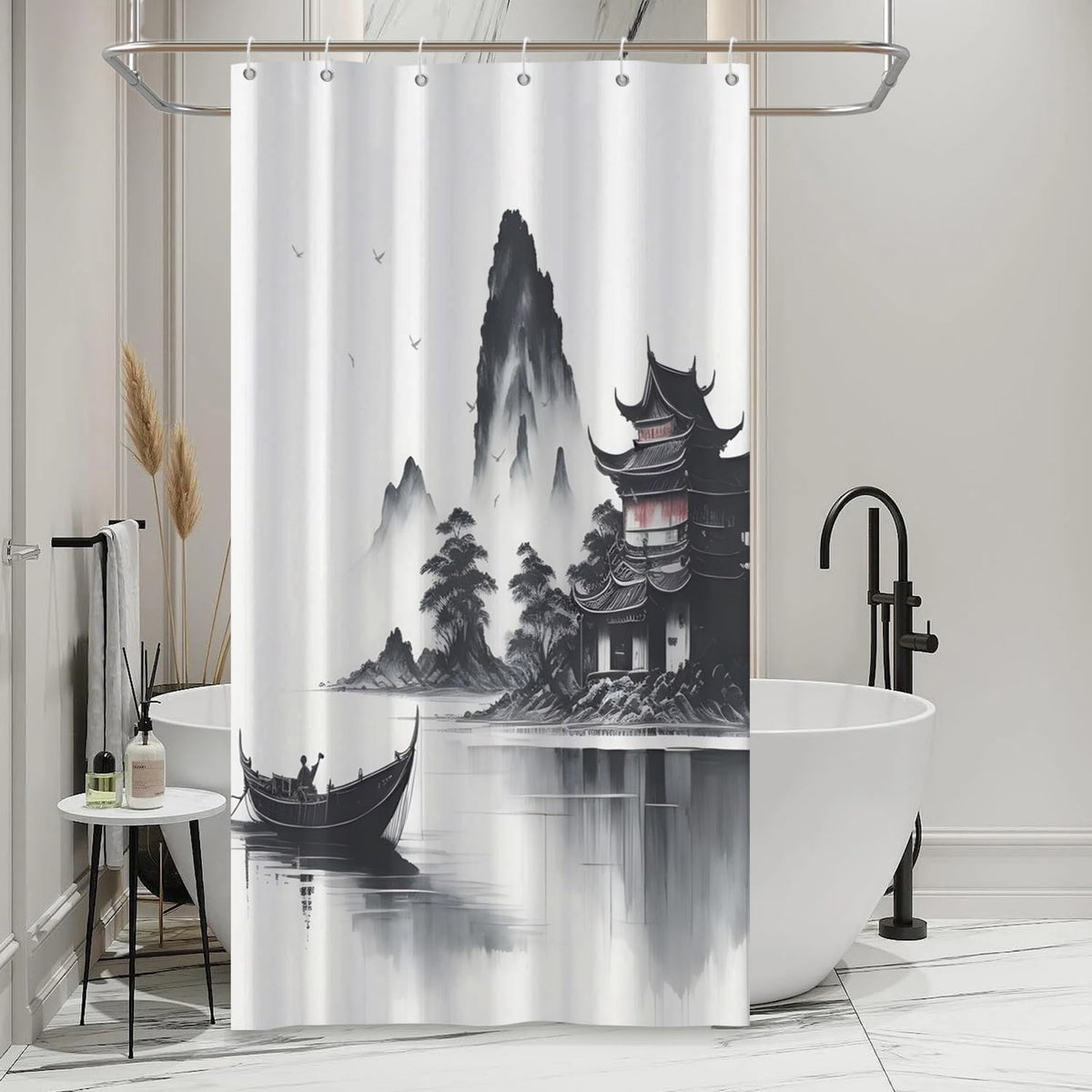 Traditional Japanese Painting Shower Curtain Ink Painting Asian Oriental Abstract Art Shower Curtain Foggy Mountain Boat Wild Goose Outdoor Natural Scenery Bathroom Curtains 48x72 Inch (48"W x 72"L (Pack of 1) / Black-71)