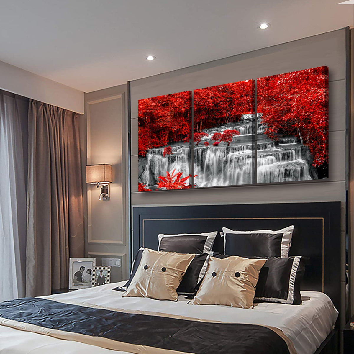Black White and Red Waterfall Canvas Wall Art Forest Paintings Waterfall Artwork for Wall Print Landscape Wall Picture for Living Room Wall Decor Large Framed Wall Art (Black White Red3 / 16"x24"inches x 3 pcs)