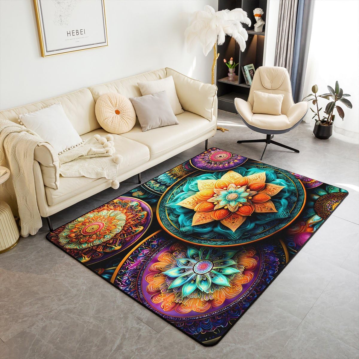 Vintage Mandala 3 x 5 Area Rug Victorian Decor Damask Rugs for Living Room (Orange Purple Turquoise / 3'3" x 4'11" (Rectangular))