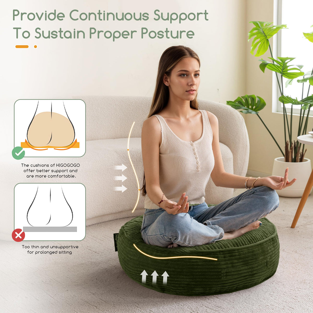 6" Extra Thick Floor Pillow Cushion for Adults (Round Dark Green / 6" Thick(Pack of 2))