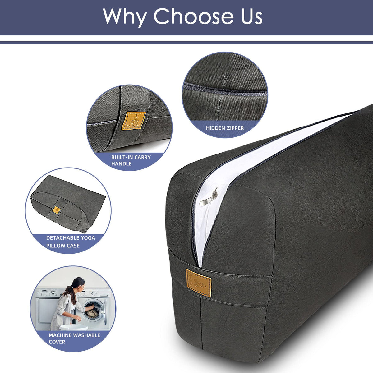 Yoga Bolster Pillow 26x10.5x5.5in Rectangular Meditation Cushion for Massage and Back Support (Black)