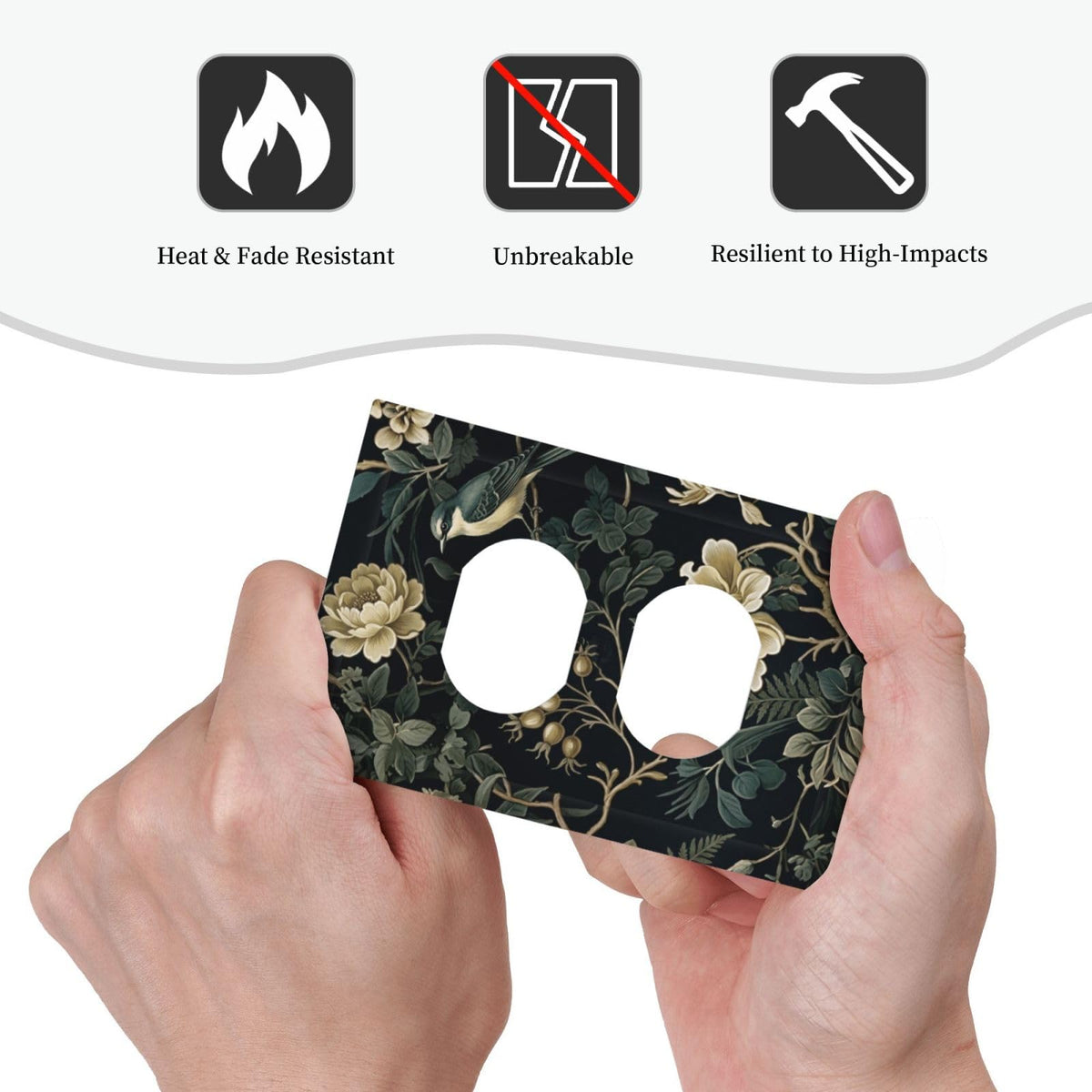 Decorative Boho Floral Bird Leaf 1 Gang Receptacle Outlet Cover (Spring Black Boho Floral Leaf / 1-Gang Duplex Mid)