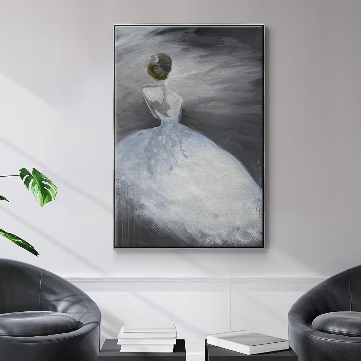Canvas Glam Wall Art Silver Floater Framed Artwork Elegant Lady Standing in a White Dress Abstract Paintings & Prints for Office Kitchen Living Room (25"L x 17"W / Off in the Distance)