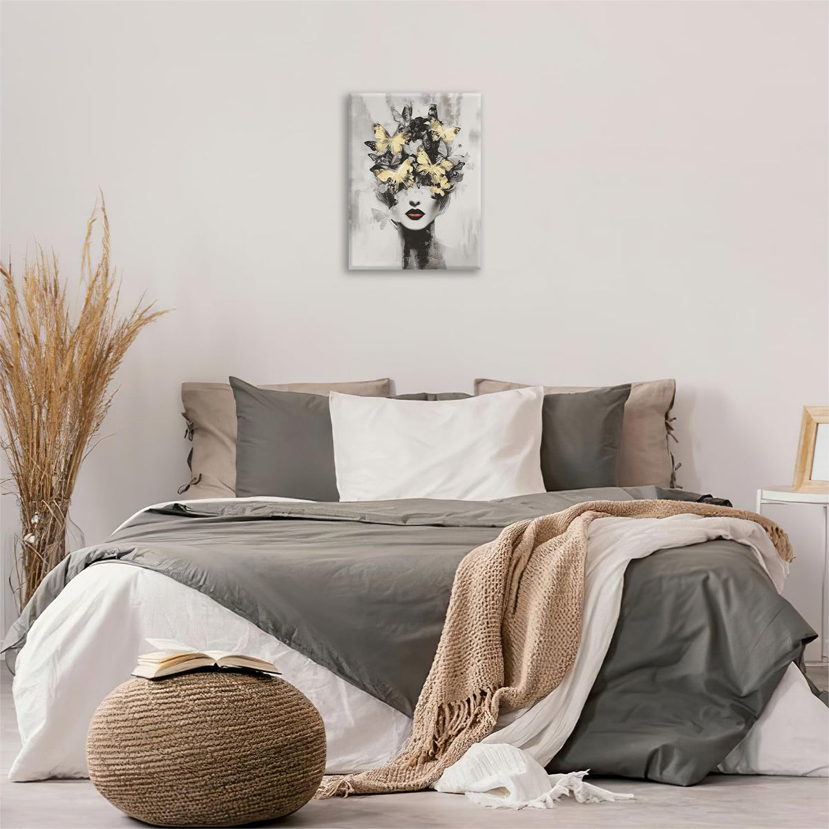 Gold Butterfly Woman Wall Art Black and White Female Wall Decor Modern Grey Aesthetic Canvas Pictures Paintings Prints Artwork Framed Decorations For Beauty Salon Spa Bathroom Bedroom Living Room Office Gifts 16" x 20" (Woman Flower / 20"L x 16"W)