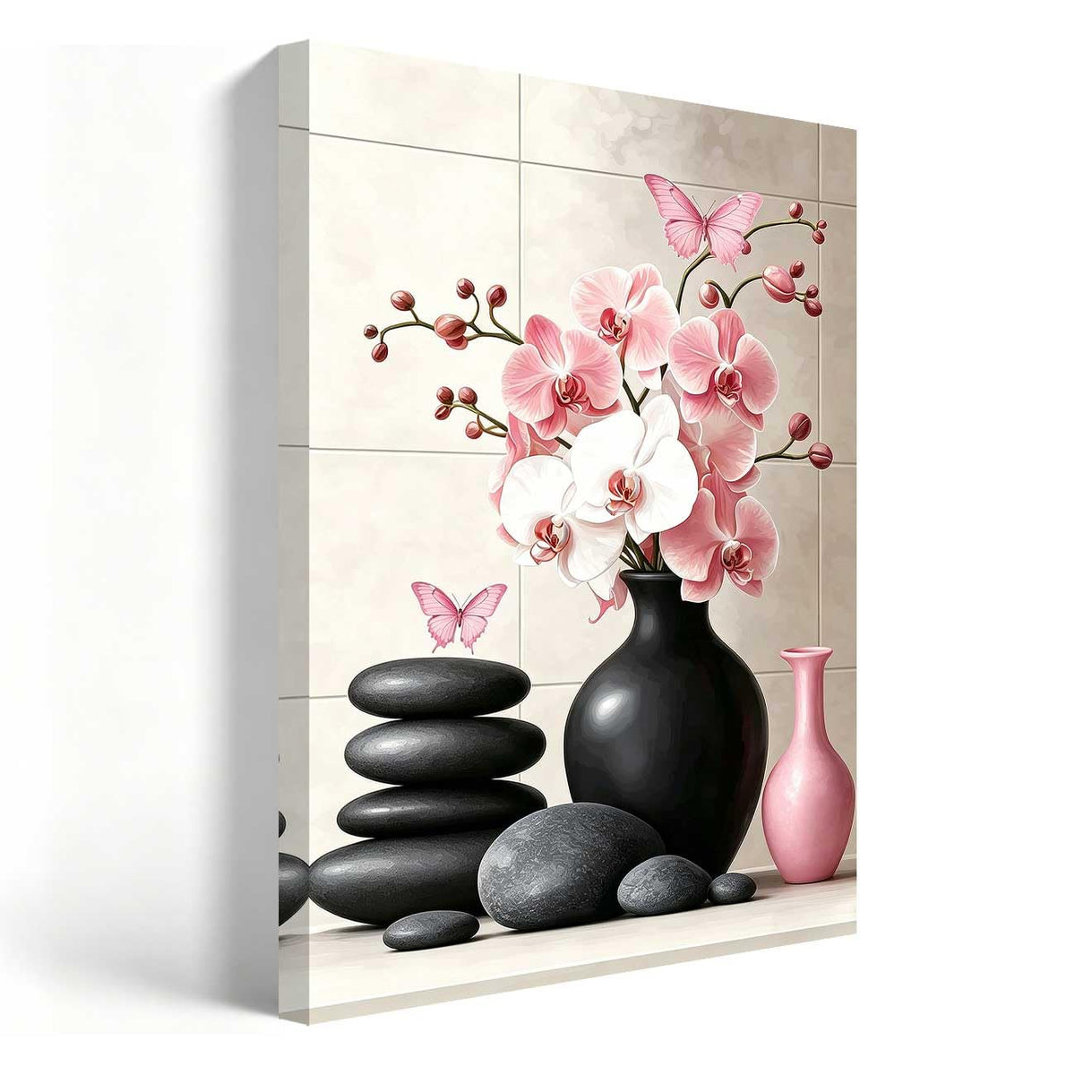 Orchid Flower Canvas Wall Art Zen Bathroom Pictures Prints Spa Stone Butterfly Wall Decor Black White Yoga Meditation Paintings for Living Room Bedroom (Pink / 36"L x 24"W)