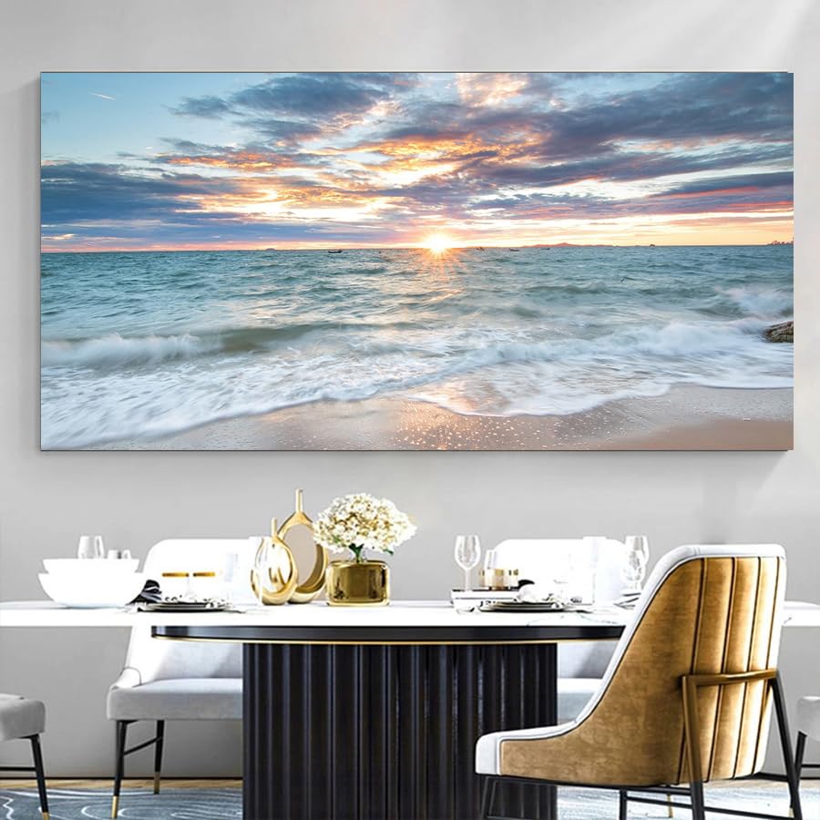 Large Canvas Wall Art Beach Artwork for Walls Coastal Wall Décor Seascape Prints Ocean Painting Sunset Picture Waves Sea Landscape Poster Bedroom Wall Art Living Room Office Decorations (Bocean / 48"L x 24"W)