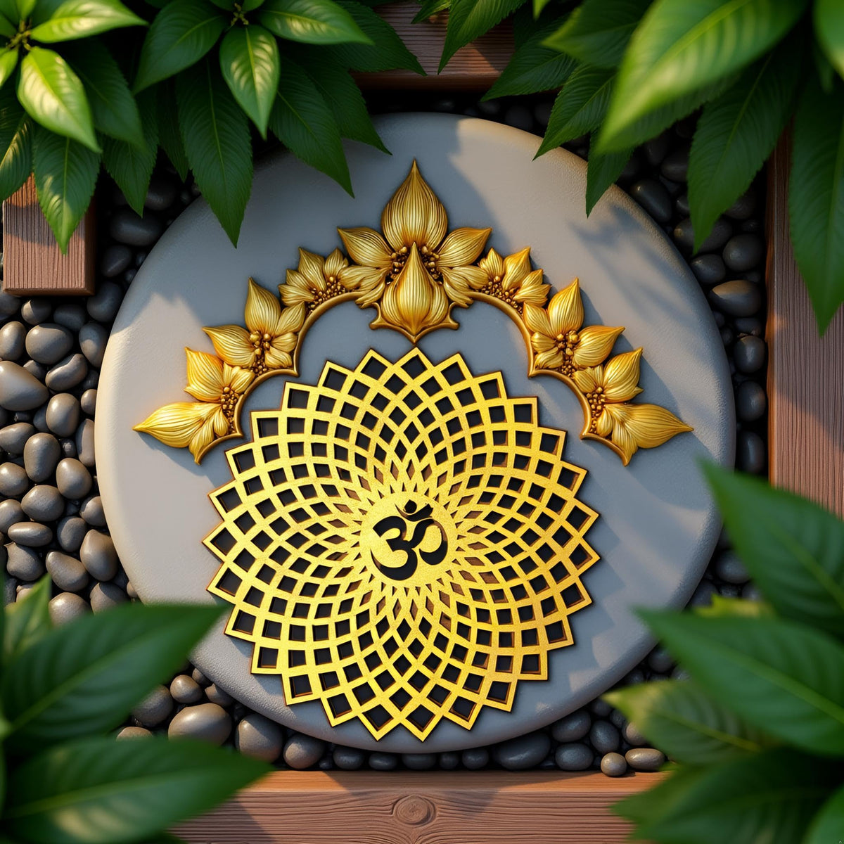 20x20 cm Golden Om Round Decorative Wall Art Mdf Wooden Om Chakra For Temple (GEOMETRY OM-Gold / 8"L x 8"W)