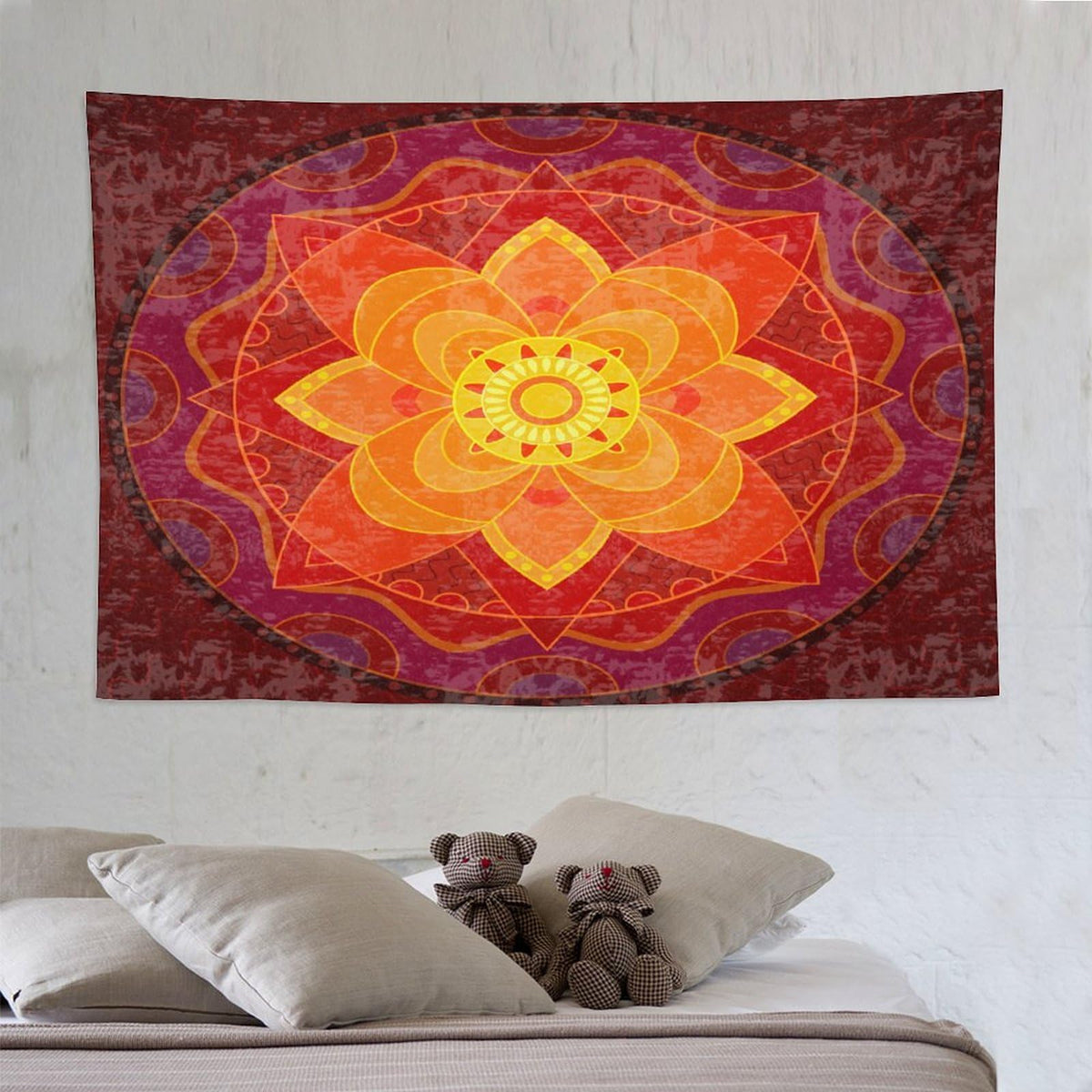 Red Mandala Tapestry Wall Hanging Bright Circular Ethnic Pattern Native Indian Ornament Tapestries Home Decor for Living Room Bedroom Kitchen Dorm 60"x90" (60"L x 90"W / Mandala-9)