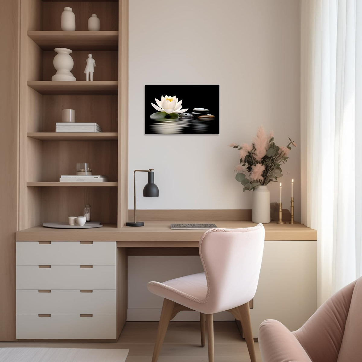 Zen Wall Art Lotus Flowers Stones on Water Pictures Canvas Prints Bathroom Decor Spa Artwork for Yoga Meditation Room Spiritual Gifts (Zen-3 / 24"L x 36"W)