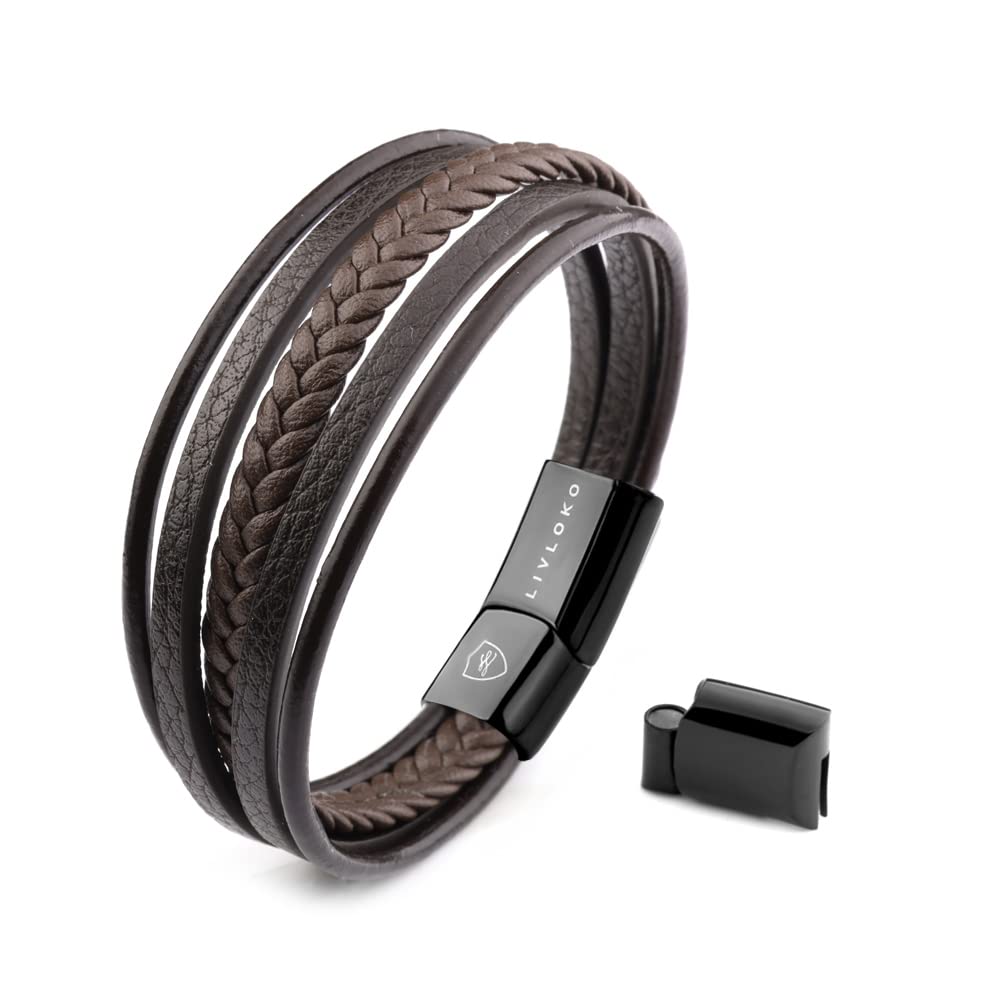Mens Bracelet Leather Black Multi (D. Brown Leather Adjustable / 8 IN (Fits Most Men))