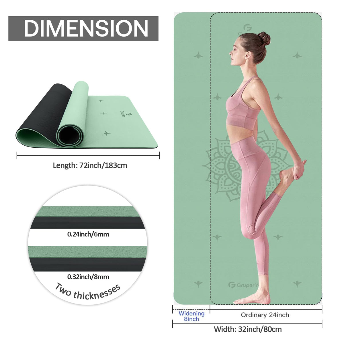 Yoga Mat Non Slip TPE Eco Friendly Fitness Exercise Mat with Carrying Strap Pro Yoga Mats for Workout Mats for Home Horizontal bottom line (Green Black / 0.32*32*72 Inches)