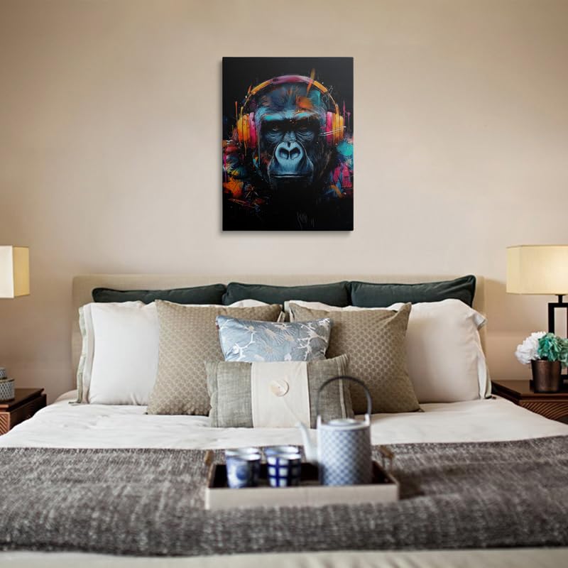 Urban Pop Art Gorilla Canvas Wall Art Framed Print Poster Graffiti Style with Colorful Headphones Neon Splash Bold Contemporary Wall Decor Artwork for Gaming Room Men 16x24 Inches (gorilla / 24"L x 16"W)