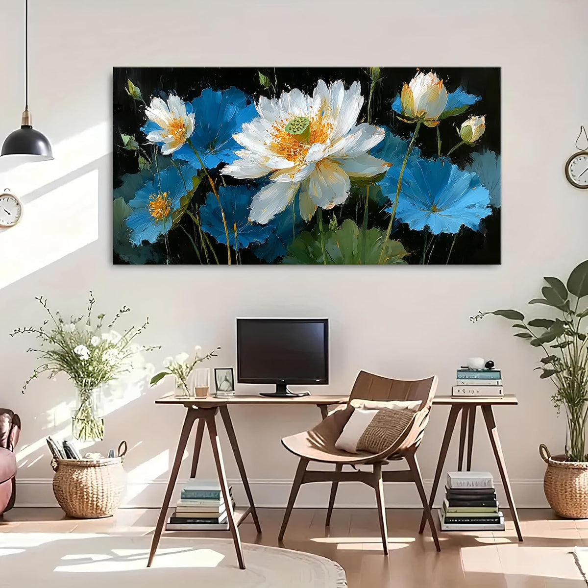 Large Abstract Lotus Flower Canvas Wall Art for Living Room Vintage Floral Picture Boho Decor Blue and White Zen Lotus Painting Meditation Room Artwork Poster Kitchen Office Decorations 30x60” (60"L x 30"W / Blue Lotus)