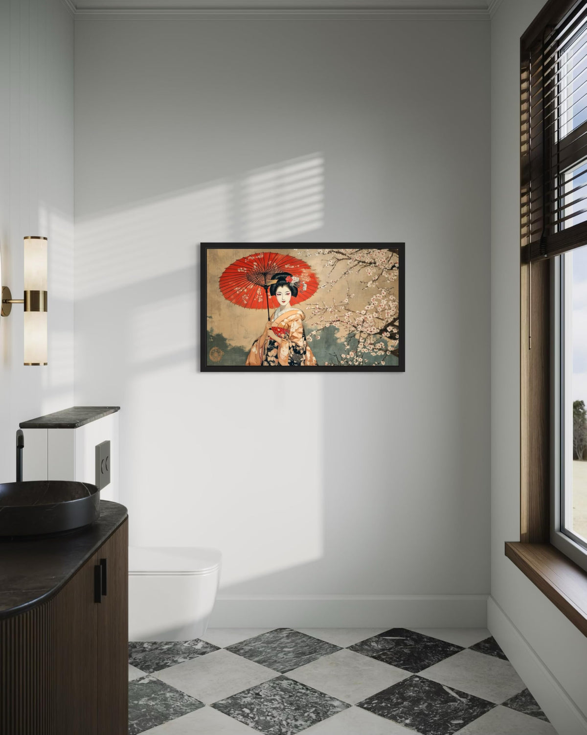 Geisha and Cherry Blossoms Black Framed Wall Art Print Poster (Geisha and Cherry Blossoms / 24"L x 18"W)