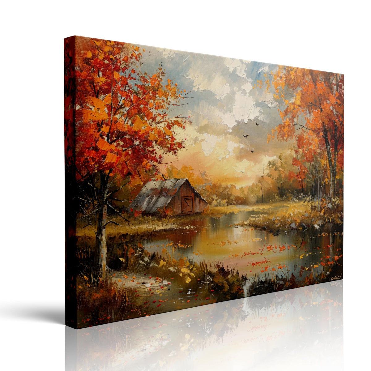 Canvas Wall Art Framed Autumn Landscape Farmhouse Barn Lake Fall Trees Wall Decor Rustic Country Nature Prints Posters Painting Artwork for Living Room Bedroom Kitchen Office Home Warm 12x16 Inches (Autumn Landscape / 16"L x 12"W)