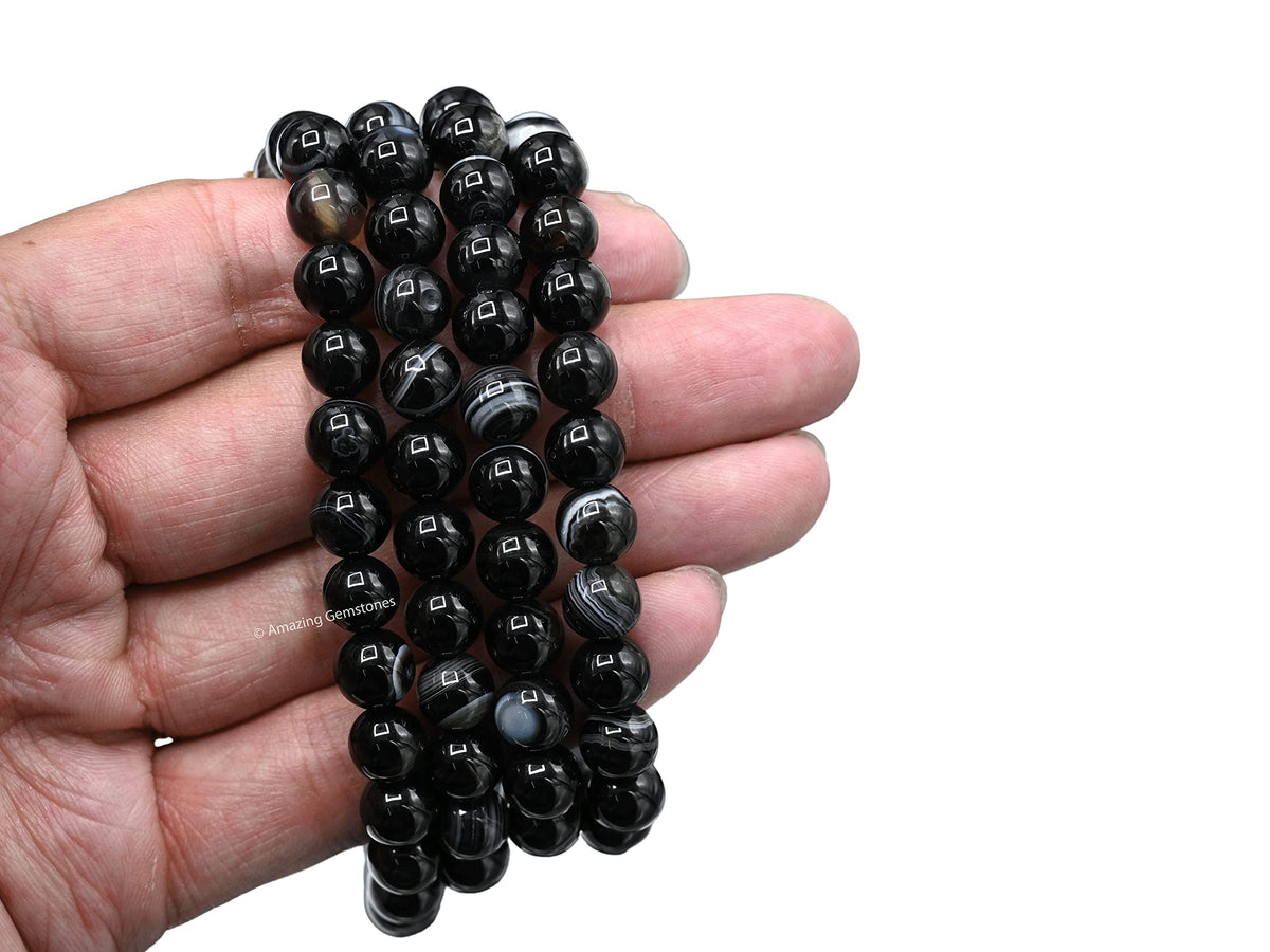 Black Banded Agate Sulemani Hakik Stone Buddhist Prayer Beads Japa Mala with 108 Meditation Beads (Without Knots / Black Banded Agate)
