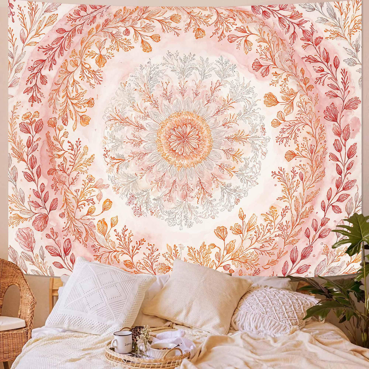Watercolor Floral Mandala Tapestry (80"L x 60"W / Orange White)