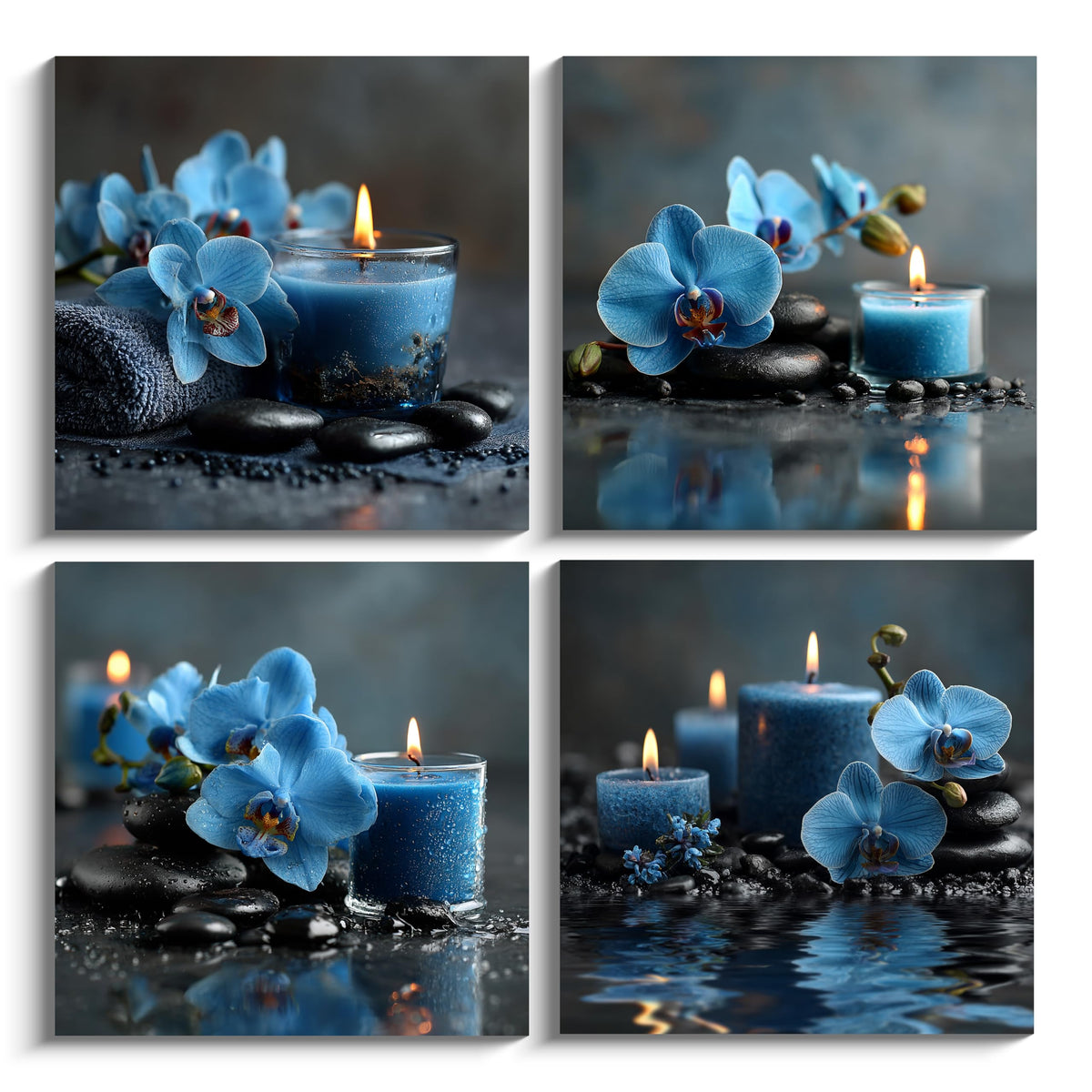 4PCS Blue Orchid Candle Spa Wall Art Zen Aromatherapy Canvas Print Relaxing Floral Still Life Artwork with Stones Modern Tranquil Bathroom Bedroom Meditation Decor for Home Spa Office (16X16inchX4 / Blue Orchid)