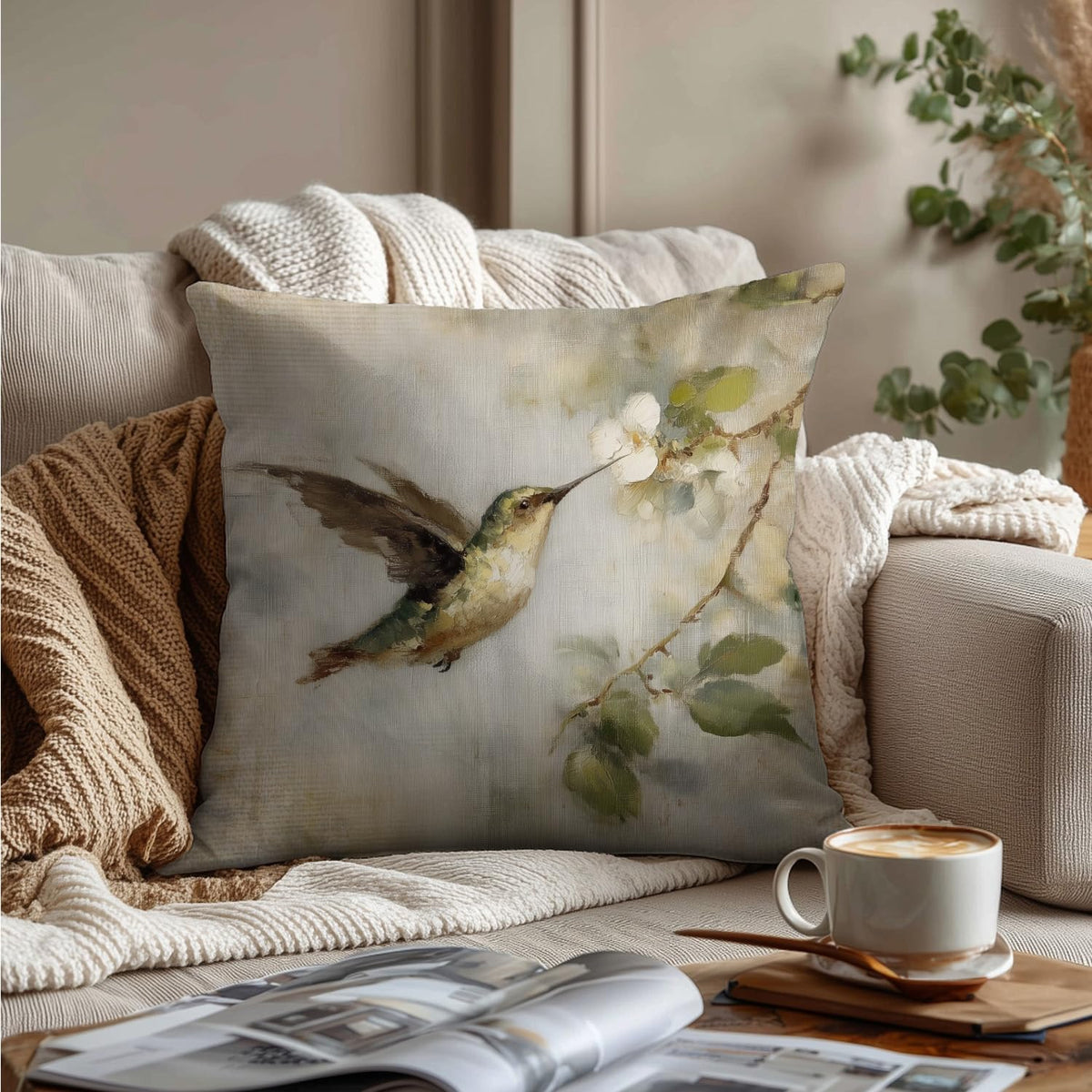 Vintage Floral Hummingbird Pillow Cover 18x18 (White-bird 6)