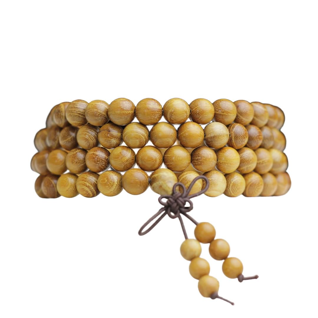 Unisex Natural Golden Sandalwood Mexican Bocote Wood Mala Prayer Bracelet Link Wrist Necklace Chain Beads (8mm 108 beads)