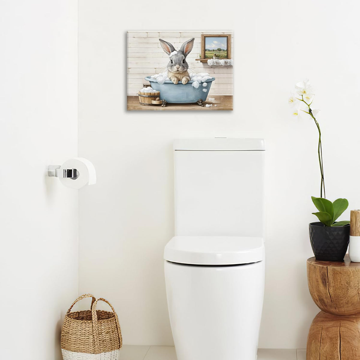 Farmhouse Bunny Bathroom Decor Wall Art Rabbit Pictures Canvas Prints Rustic Country Bathroom Painting Artwork Easter Decoration Framed Gifts for Women Girl Restroom Toilet 16"x24" (bunny / 24L"×16W")