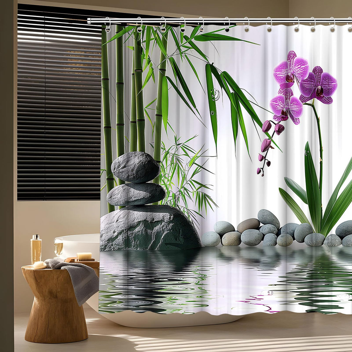 Zen Shower Curtain Green Bamboo Purple Orchid Stone 70W x70L (Green / 70"W x 70"L (Pack of 1))