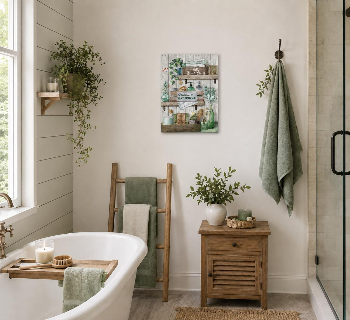 Sage Green Bathroom Canvas Wall Art 12x16Inches (Green Canvas / 16"L x 12"W)