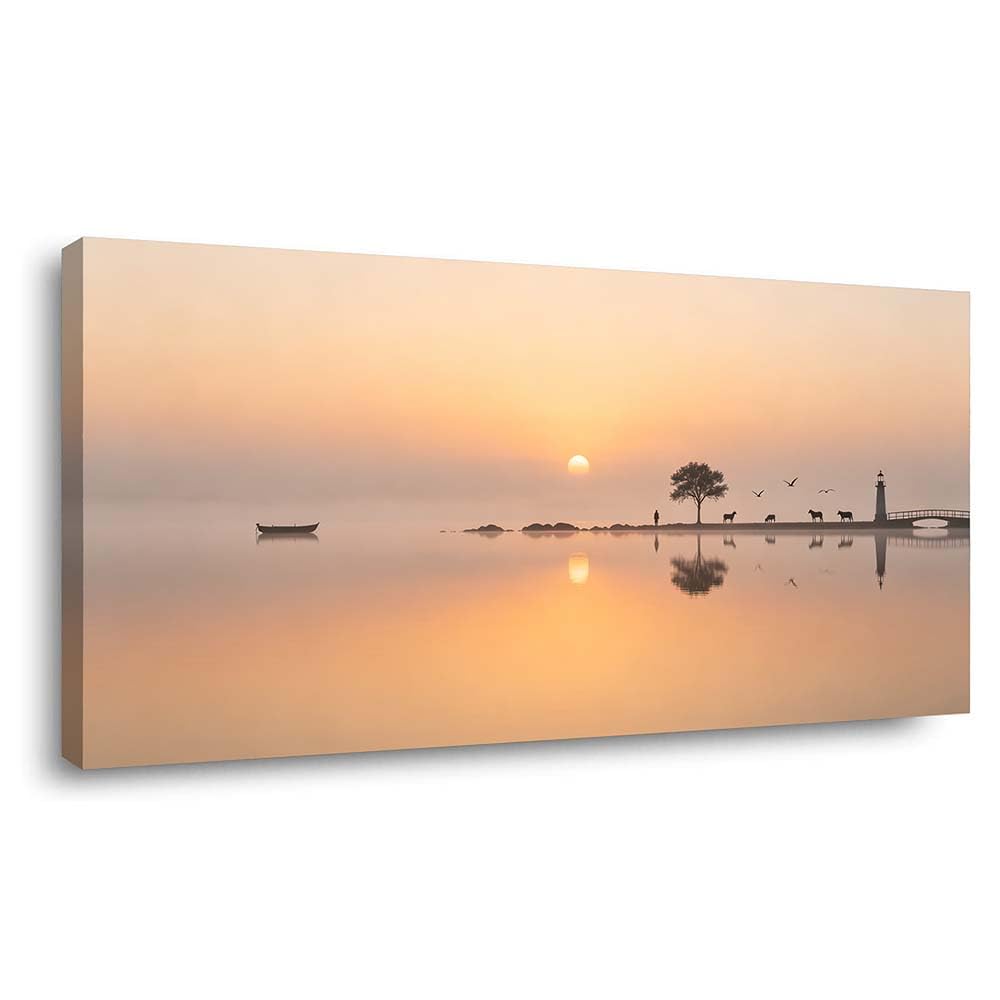 Sunset Beach Canvas Wall Art Silhouette Ocean Landscape Painting Flat Print Gallery Wrapped Coastal Artwork for Living Room Bedroom Bathroom Decor (Mysterious / White Lighthouse Tree 17 / 40"L x 20"W)