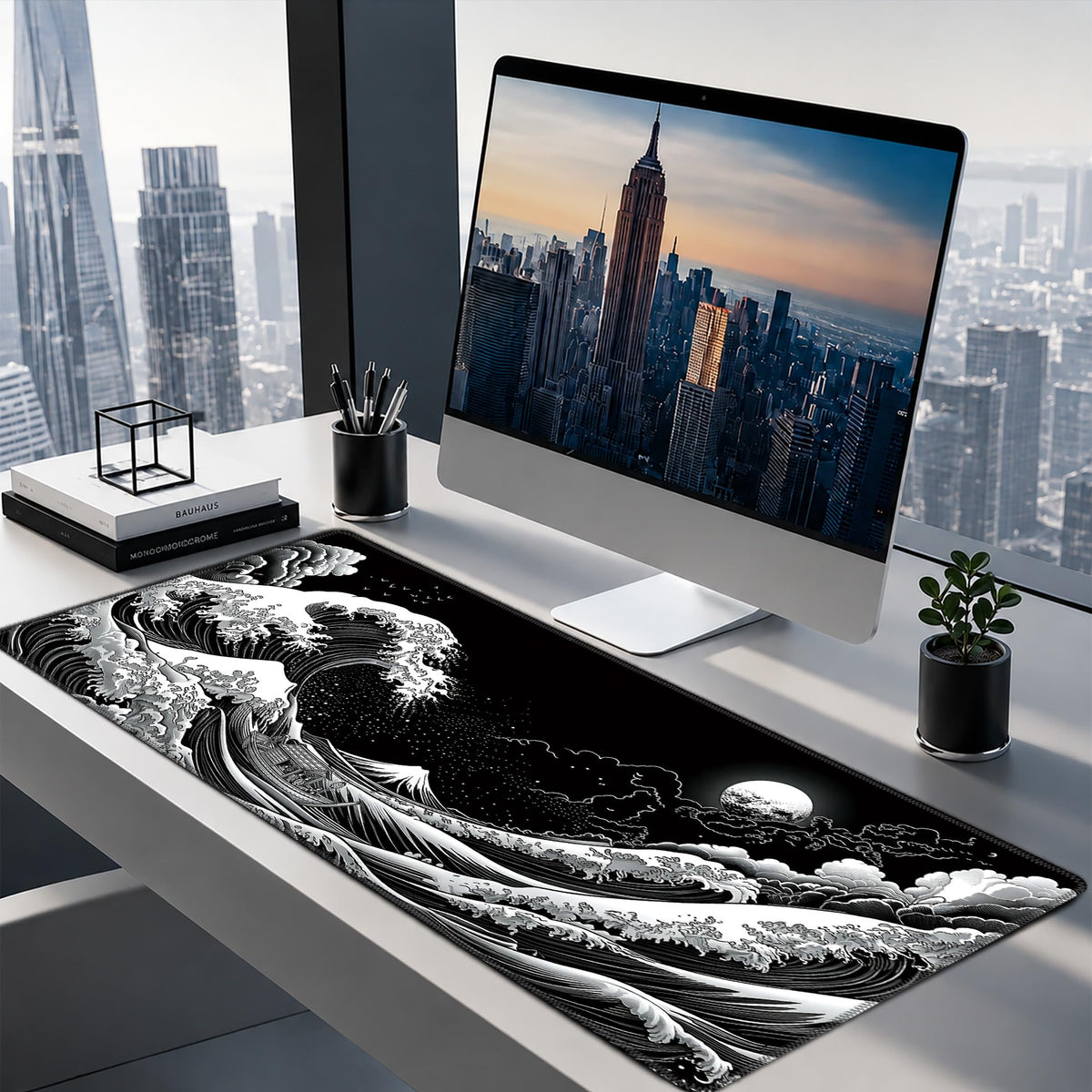 Black White Japanese Large Gaming Mouse Pad Desk Mat Extended Mousepad (Black and white waves / 35.4"x15.7")