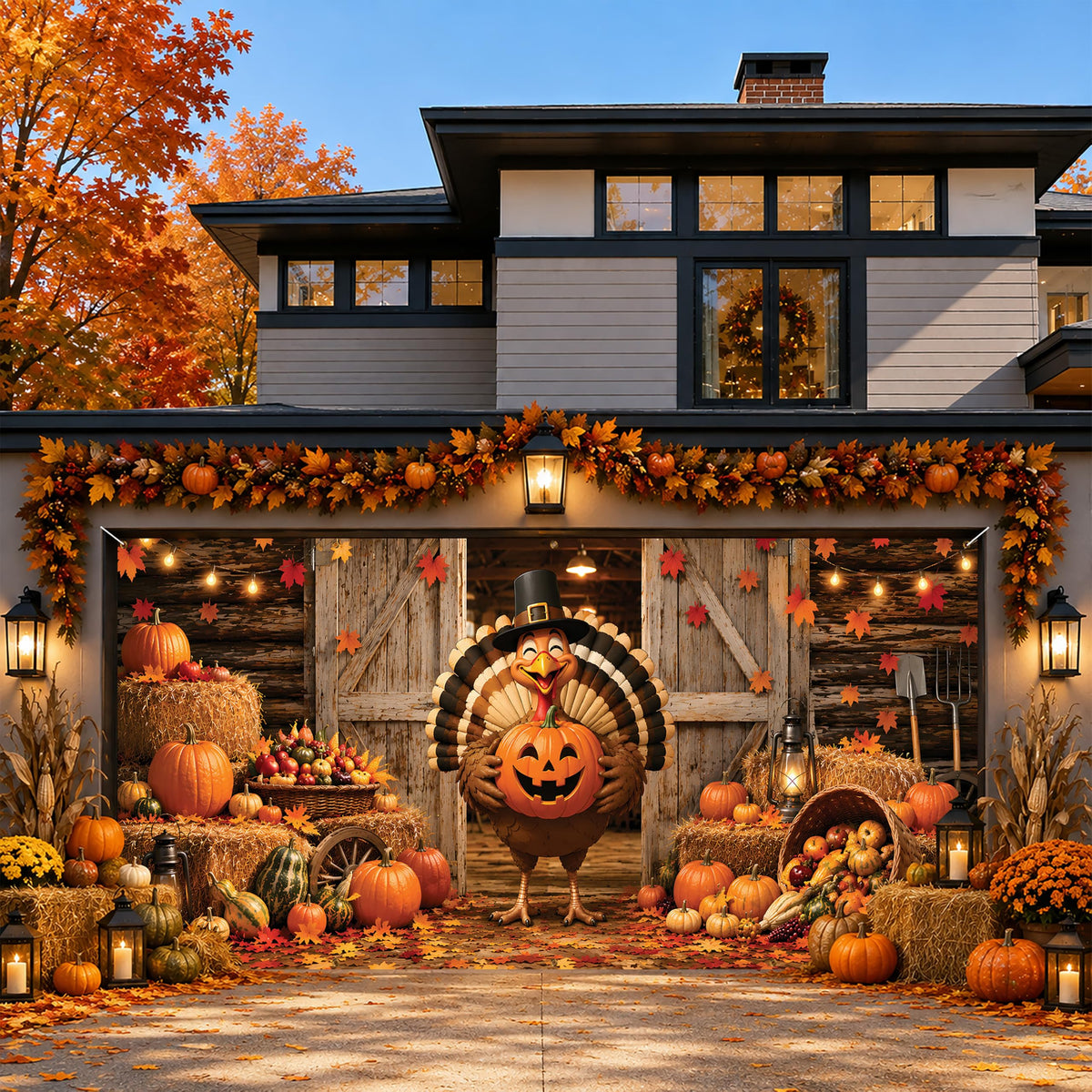 Thanksgiving Garage Door Banner Turkey Pumpkin 6x13FT Fall Harvest Backdrop (B-Thanksgiving Turkey)
