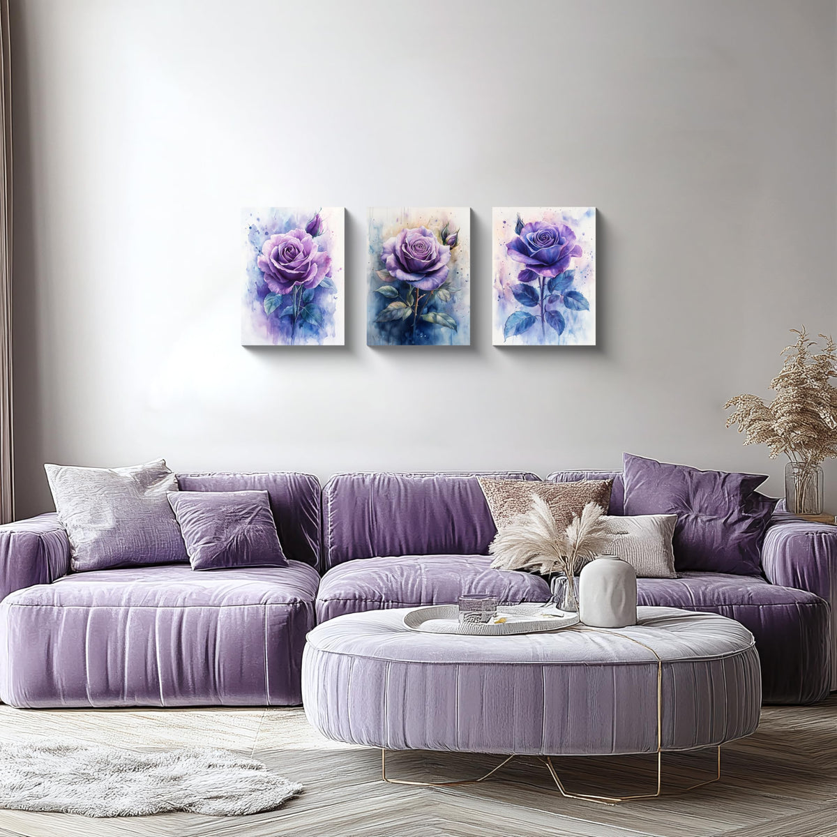 3PCS Purple Rose Watercolor Canvas Wall Art Floral Botanical Violet Flower Bloom Romantic Modern Home Decor for Bedroom Living Room Bathroom or Office Artistic Garden Style Wall Decoration (16"L x 12"W / Purple Rose-1)