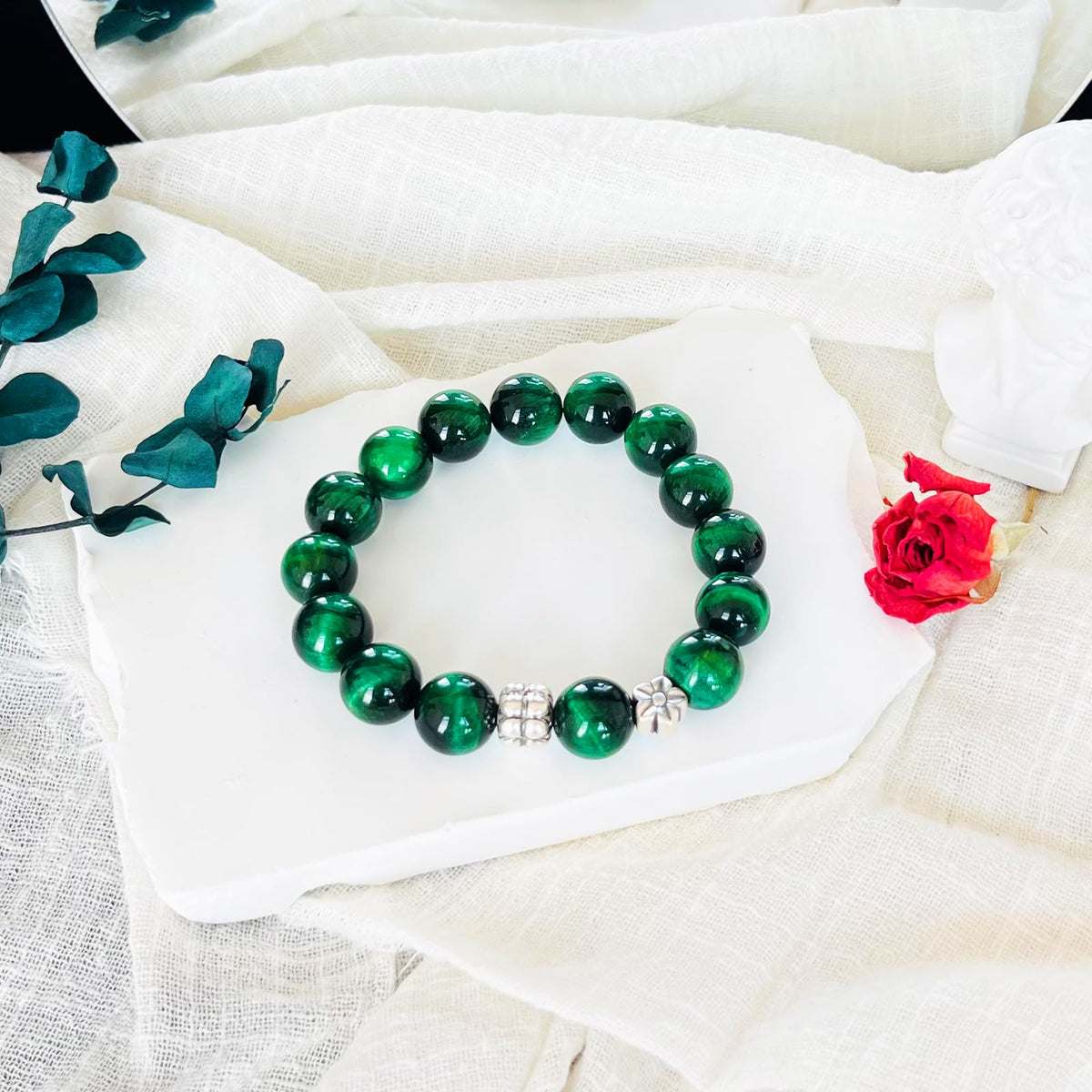 Natural obsidian bracelet (Green Tiger Eye + 925 Silver(12mm)-1 Pcs)