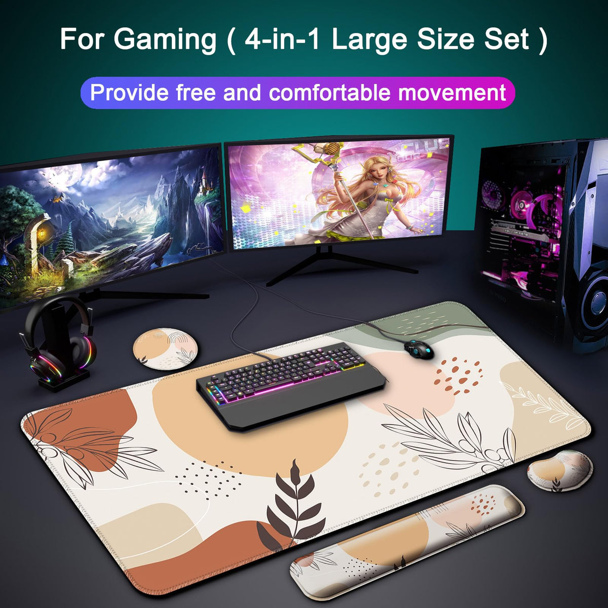 4 in 1 Mouse Pad and Keyboard Wrist Rest (B6-boho Leaves)