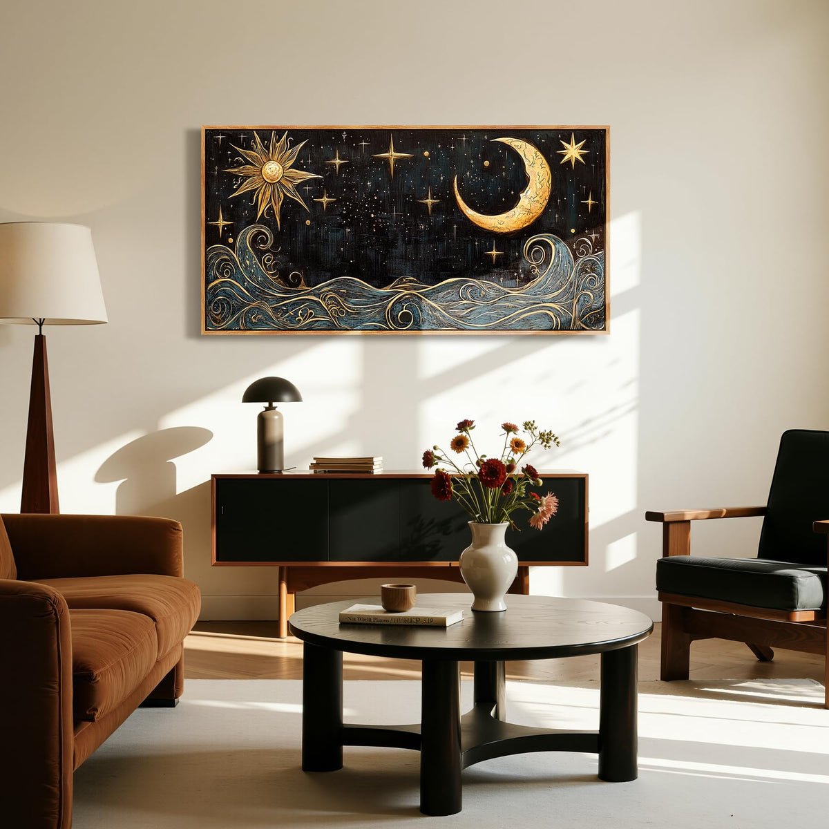 Sun Moon Celestial Large Framed Wall Art Witchy Decor Navy Gold (Sun and Moon / 48"L x 24"W)