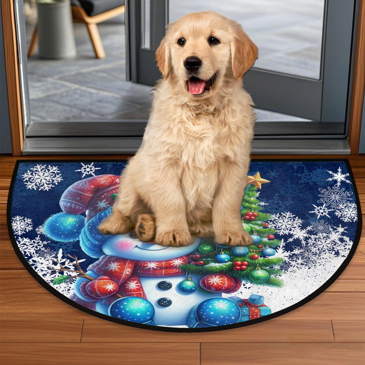 Half Round Doormat Christmas Snowman Blue Decorate Washable Semi Circle Area Rug Non Slip Half Moon Rug Holiday Decor Mat for Indoor Outdoor Bathroom Kitchen Welcome Fireplace Hearth Floor Mat (X:xmas5)