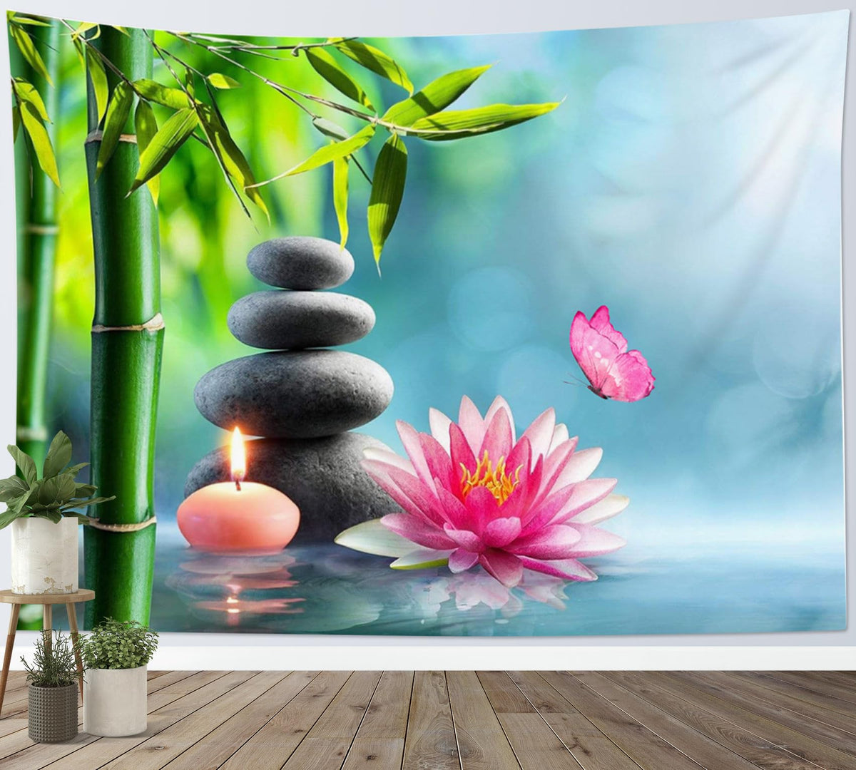 Zen Pink Floral Tapestry Wall Hanging Pink Water Lily Butterfly and Green Bamboo Tapestry Modern Yoga Spa Flower Plant Wall Art for Bedroom Living Room Dorm Home Decor (40"L x 60"W / Green)